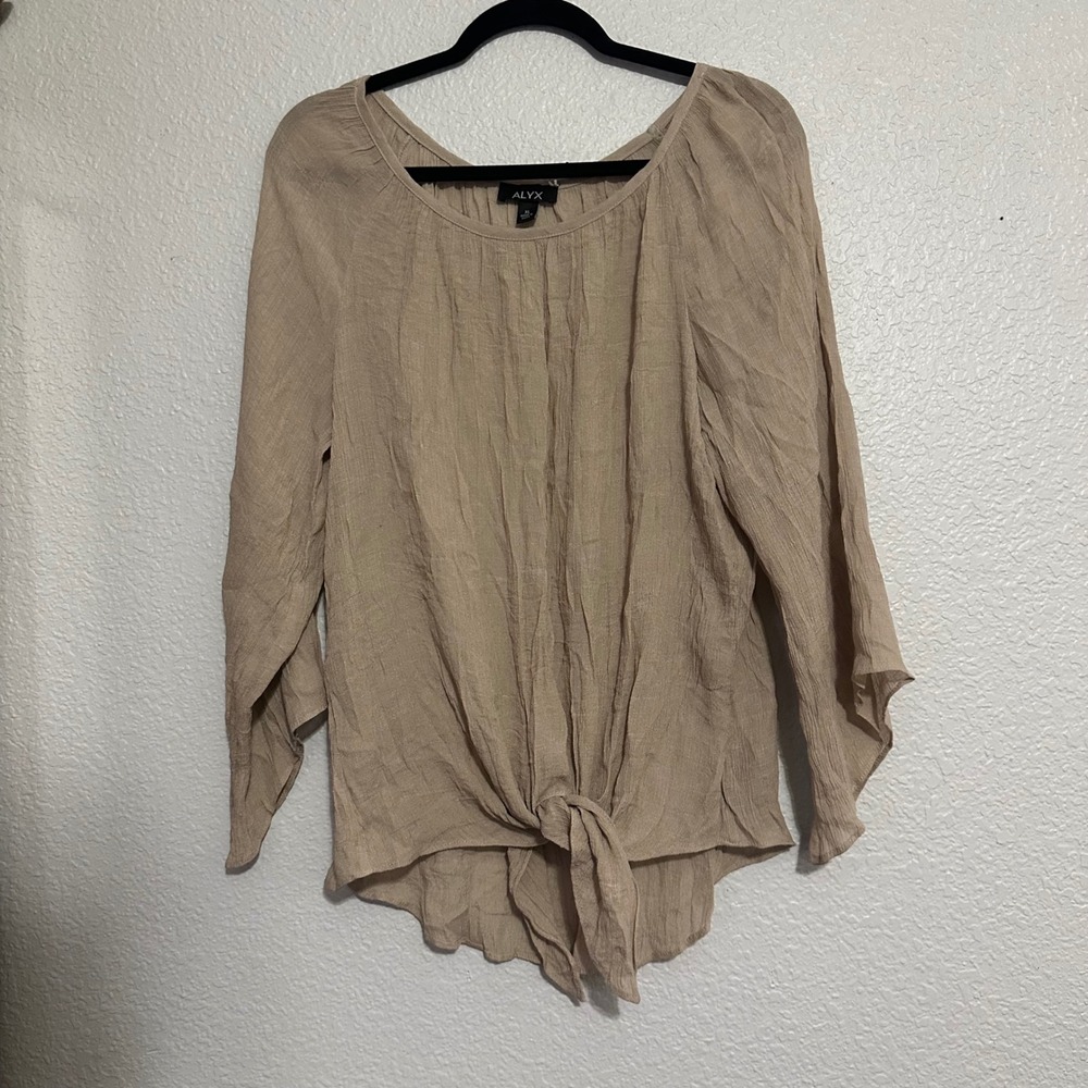 Alyx Womens Beige Crinkle Tie Front Long Sleeve Blouse XL